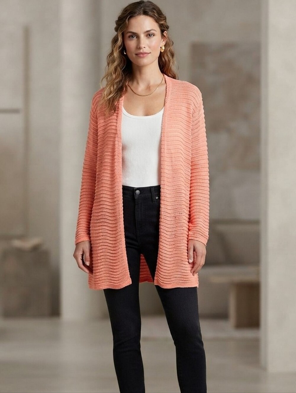 Le Moda Knit Open Cardigan Salmon Color Sz XL